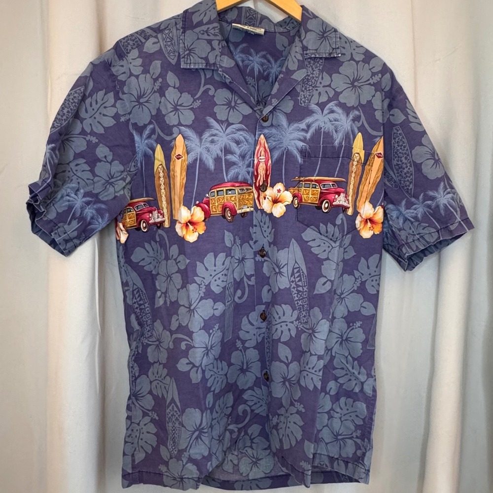 VTG Winnie Fashion Cotton Hawaiian Shirt Surf Car Palm Tree Print Aloha‎ L Shirt